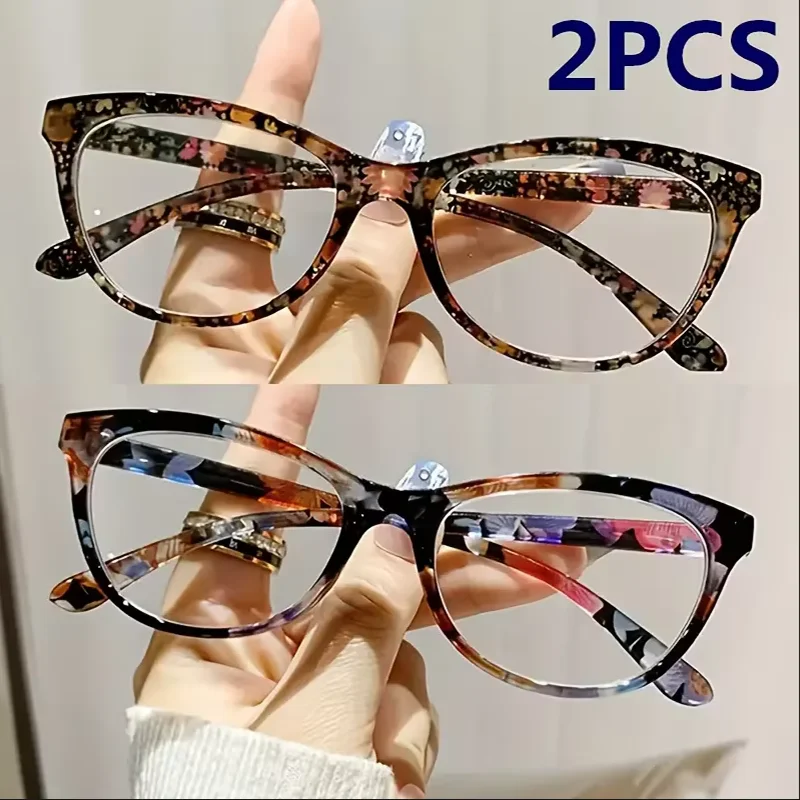 2 Stück Neue Katzenaugen-Lesebrille, Dekorative Anti-Blaulicht-Brille, Modische Blumenbrille +1,0-4,0