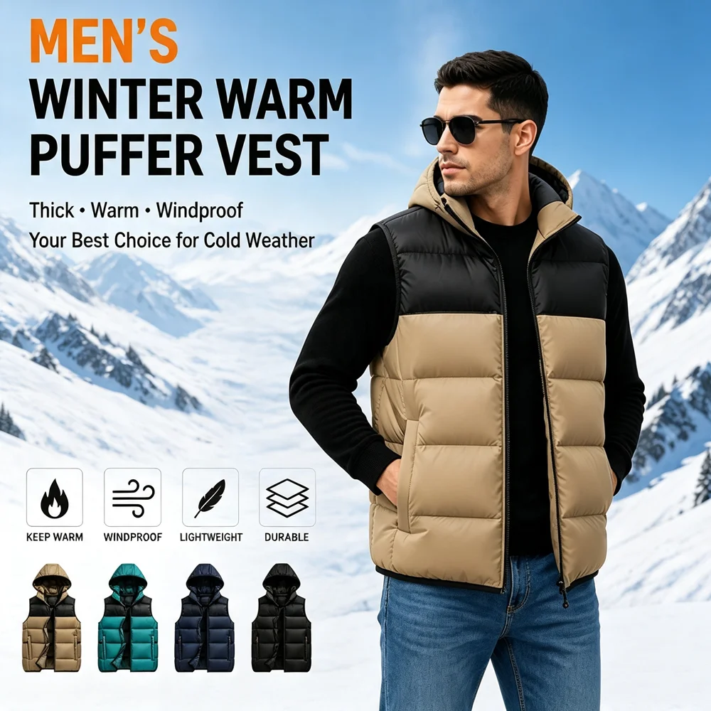 Autumn Winter Men's Warm Hooded Puffer Vest Men Cotton Quilted padded Sleeveless Jackets Men Thermal Windbreaker Work Waistcoat