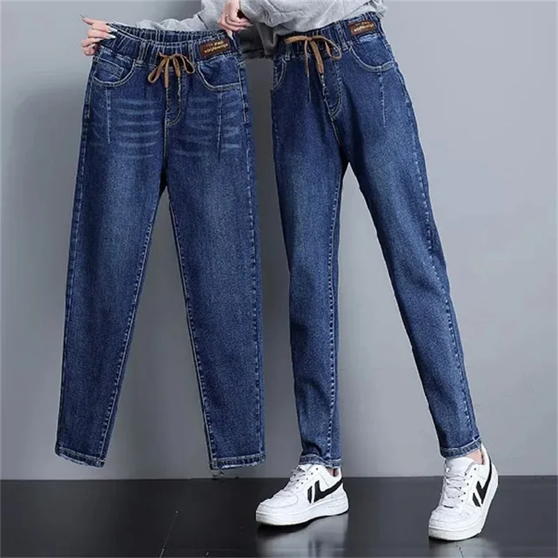 Large Size Elastic Waisted Jeans For Women Spring Autumn New Korean Loose Stretch Harun Denim Pants Female Casual Jeans Trousers