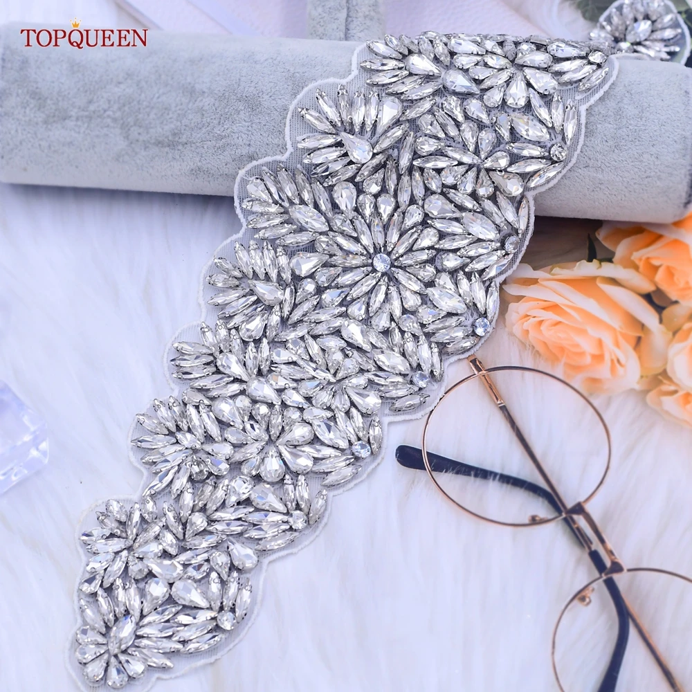 Topqueen S55 Zilver Dames Luxe Riem Volledige Shiny Rhinestone Dames Brede Sjerp Satijnen Lint Stones Wedding Bridal Accessoires