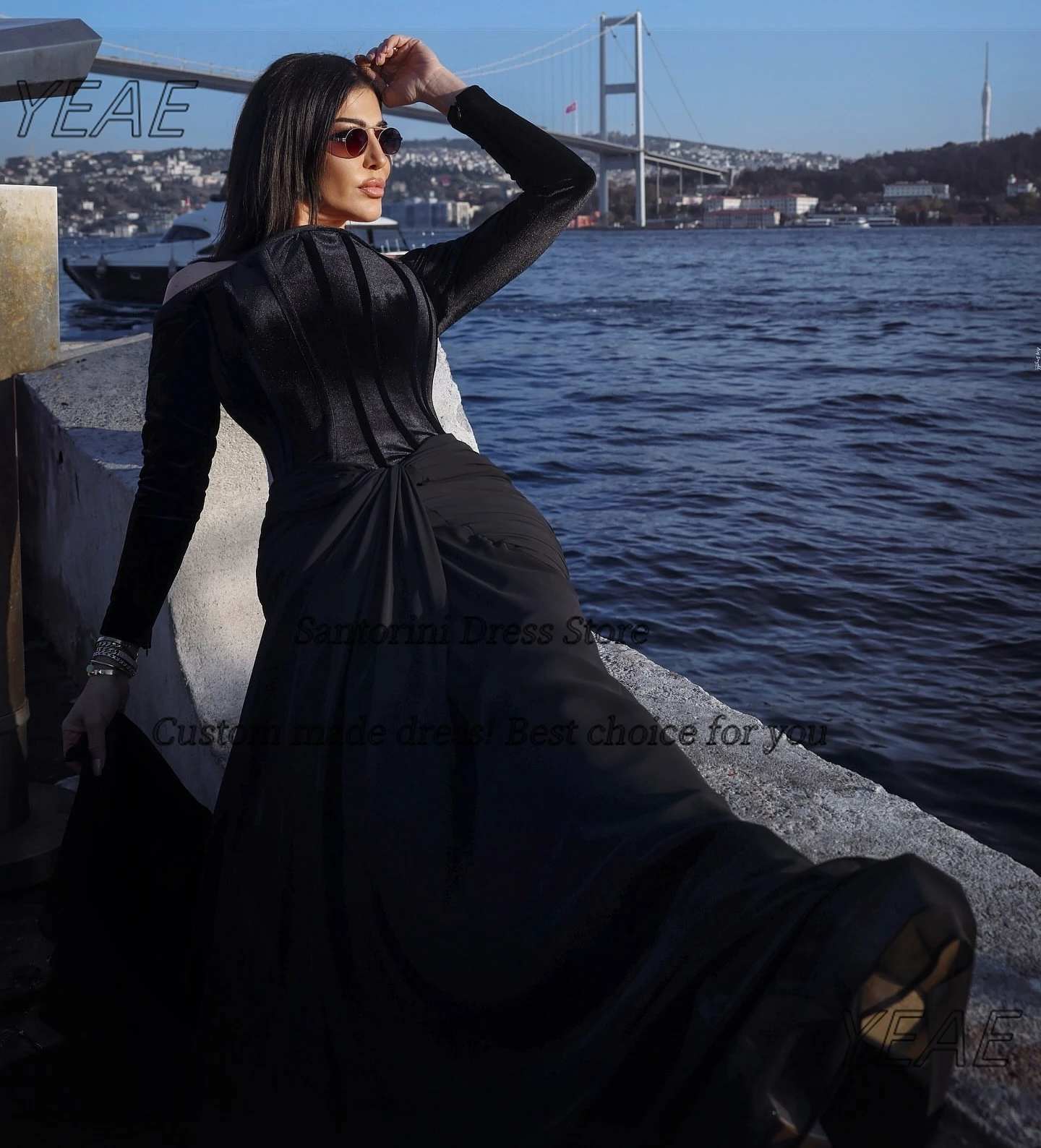 Santorini 2026 vestidos de fiesta negros vestidos de noche de manga larga de terciopelo vestido de fiesta de sirena de tren de barrido acanalado personalizado