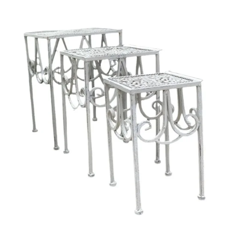 

French retro wrought iron flower stool three-piece set, garden courtyard balcony level ladder flower stand