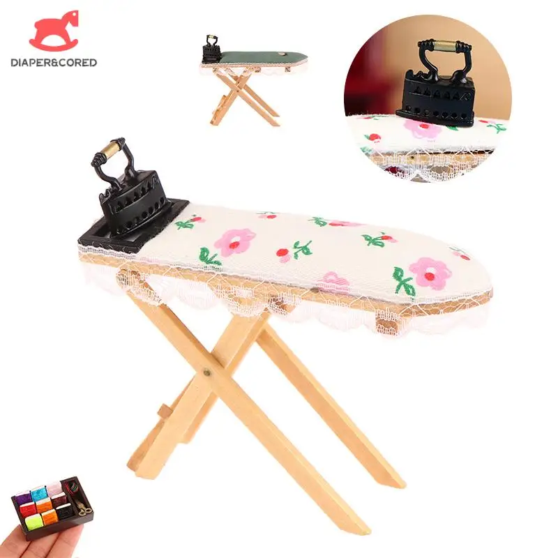 

1Set 1:12 Dollhouse Miniature Lace Ironing Table Irons Furniture With Iron Sewing Scene Decor Doll House Accessories