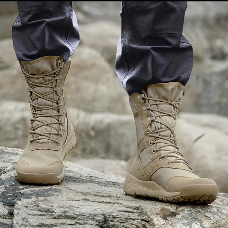 Botas tácticas de trabajo para hombre, zapatos ligeros de combate del Ejército, impermeables, con cordones, a la moda, de malla, para motocicleta