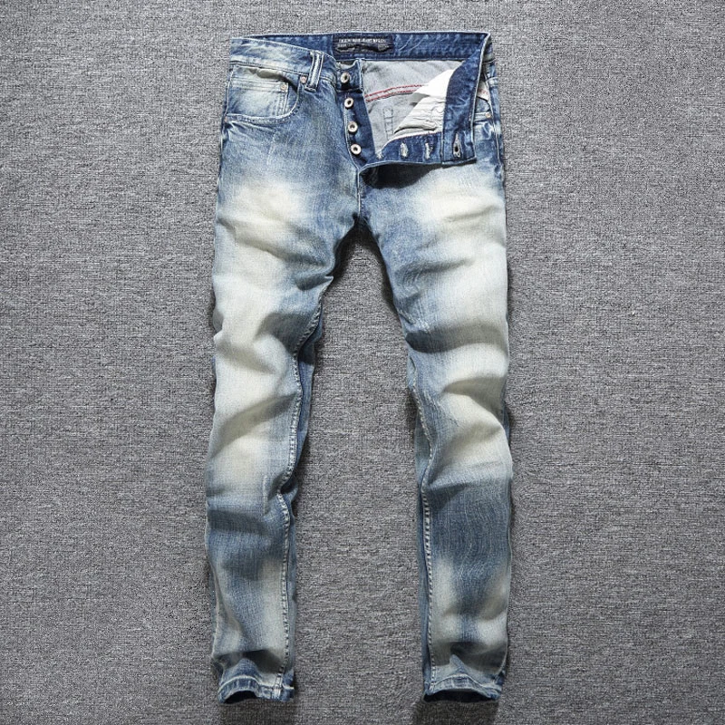 

Fashion Designer Men Jeans High Quality Retro Light Blue Stretch Slim Fit Ripped Jeans Men Button Fly Vintage Denim Pants Hombre