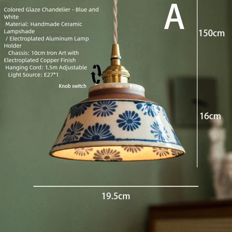 Chinese stijl retro theesalon gekleurde geglazuurde keramische blauw-witte hanglamp, Chinese oude stijl nostalgische homestay dineren