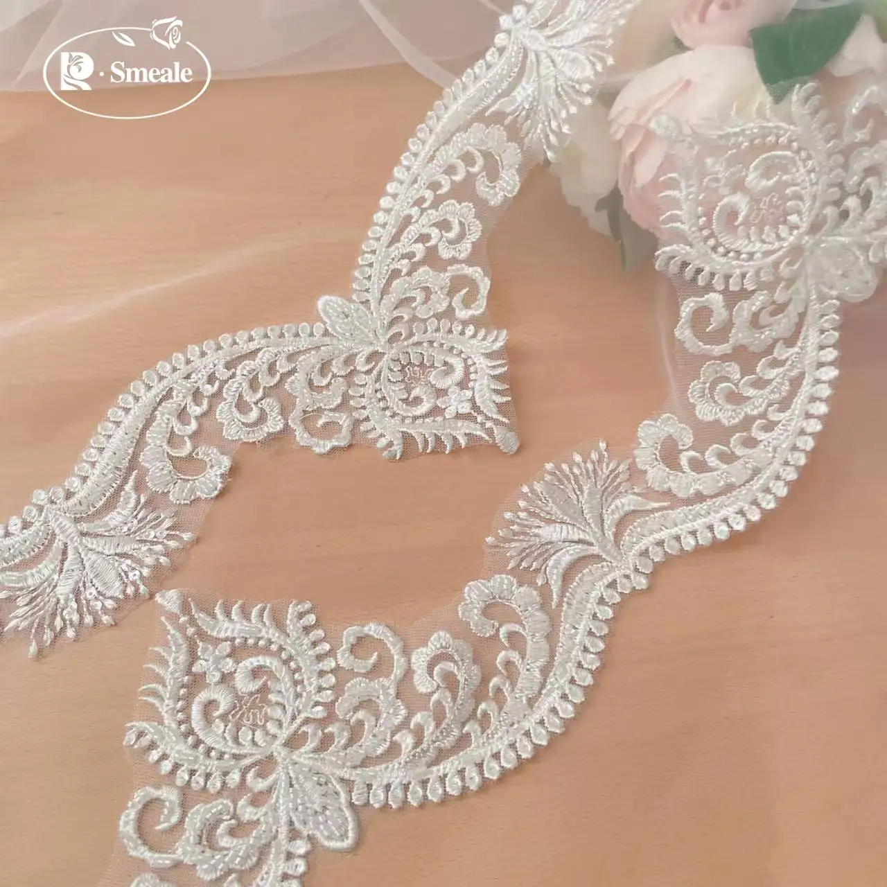 Beaded Border Lace with Rayon Material, DIY Wedding Veil Lace Fabric, Ivory White, Width 12.5cm, RS2704, 2Yards Per Lot