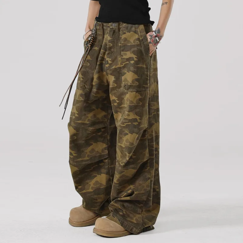 2024 autumn men's fashionable workwear casual camouflage large pocket button design straight leg wide leg loose workwear pants