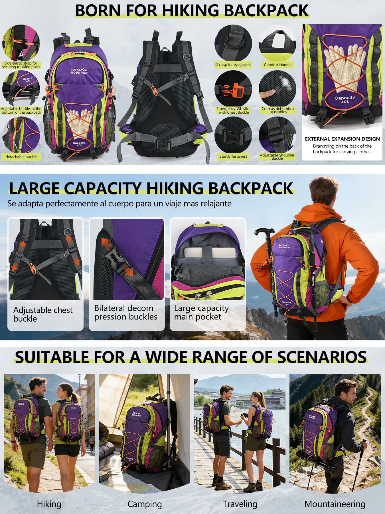 30L Wander- und Outdoor-Rucksack mit Regenschutz, wasserabweisendem Stoff, mehreren Fächern, geeignet für alle Geschlechter und jede Umgebung – Detail 8