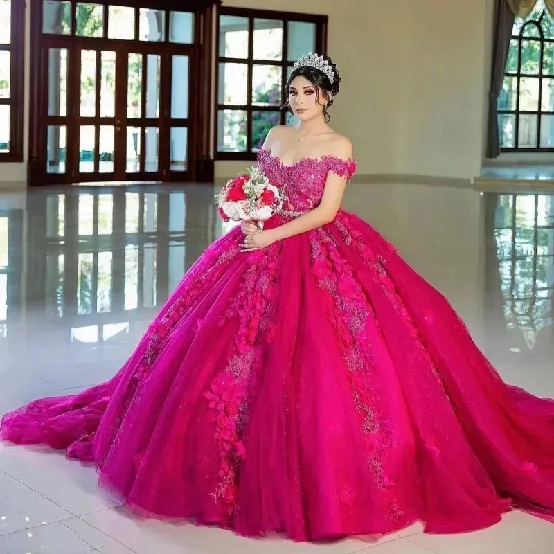

3D цветочные аппликации, платья принцессы Quinceanera, фуксия, с открытыми плечами, милое платье 16, бальное платье, длинное тюлевое платье для выпускного вечера, специальное