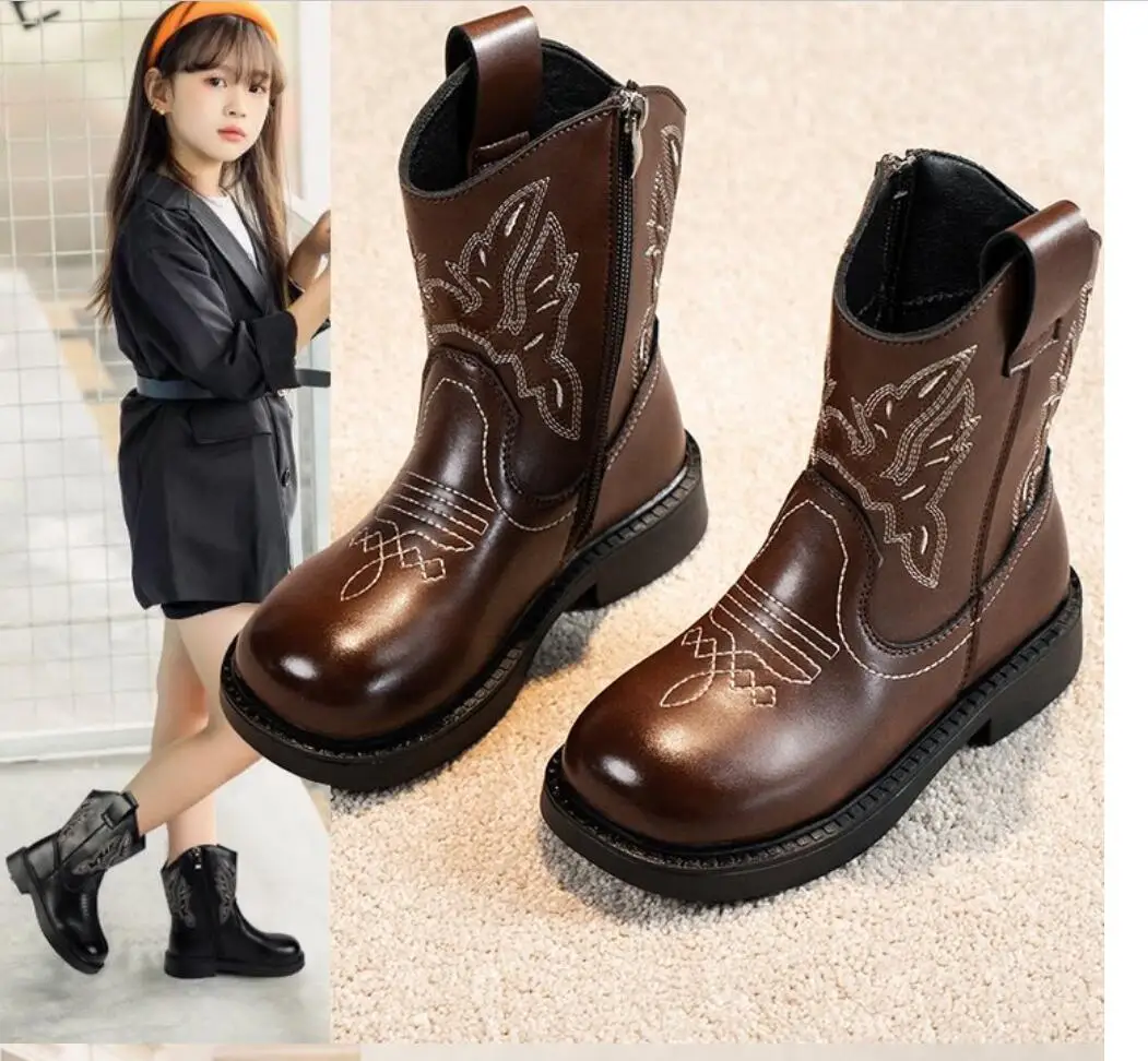 2024 Children\'s PU Leather Boots Classic Western Cowboy Embroidery Girls Long Booties Kids Autumn Soft Sole Retro Princess Boots