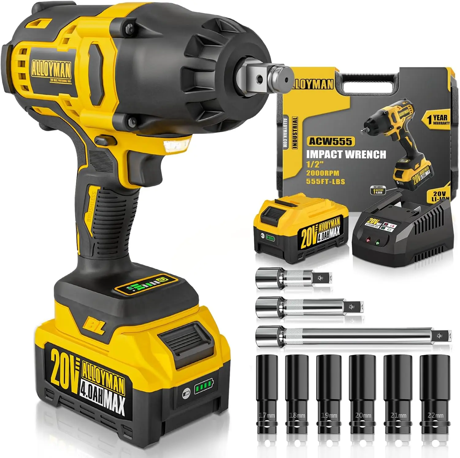 

1/2 inch Impact Wrench Cordless, Max Torque 555 Ft-lbs Battery Impact Wrench 20V Brushless Motor 2000 RPM, w/ 6 Sockets,