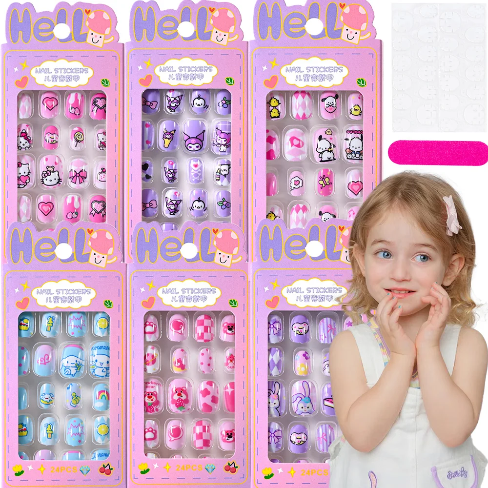 120Pcs=5pack Kids Press On Nails Lovely Sanrio Cartoon Children's Nail Patch 100+ Patterns Child False Nail Acrylic Fake NailTip