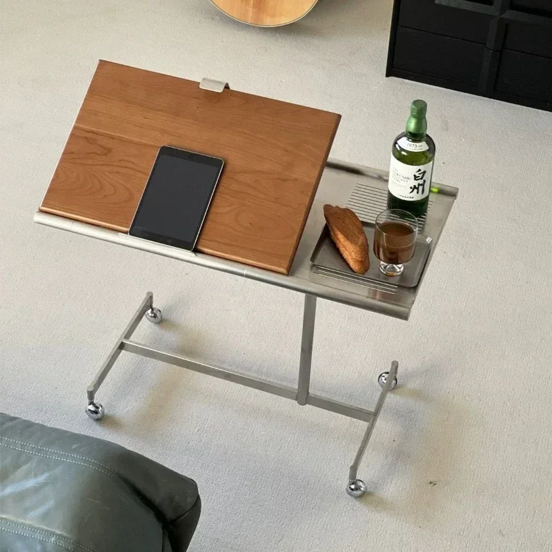 Mobile solid wood wheeled trolley coffee table sheet music rack can be lifted and lowered side table