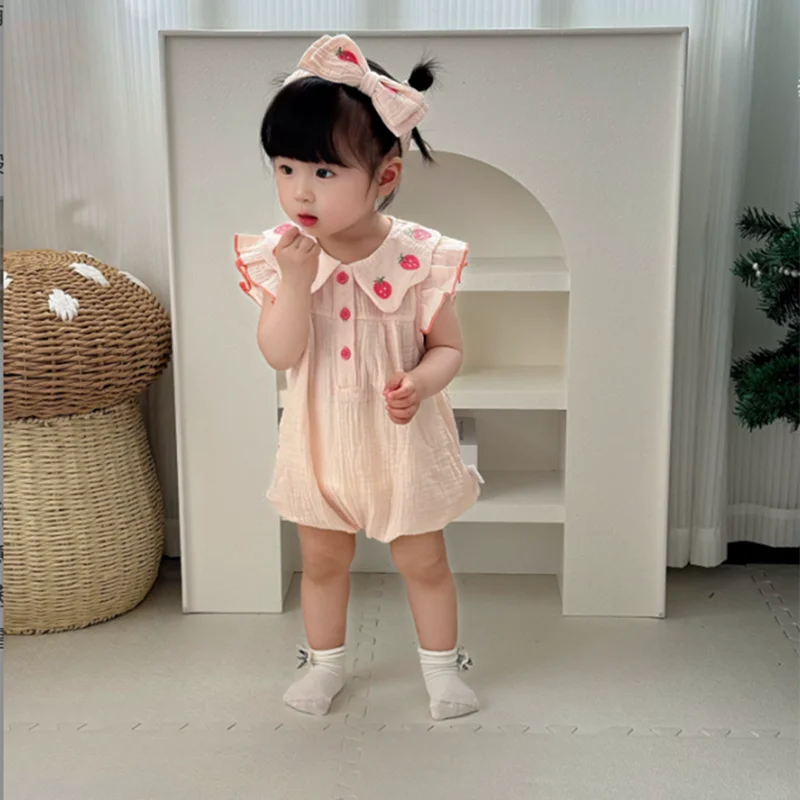 

Summer Jumpsuit Infant Muslin Cotton Stitching Shorts Sleeve Romper 0-24 Month Baby Girls Boys Clothes Newborn