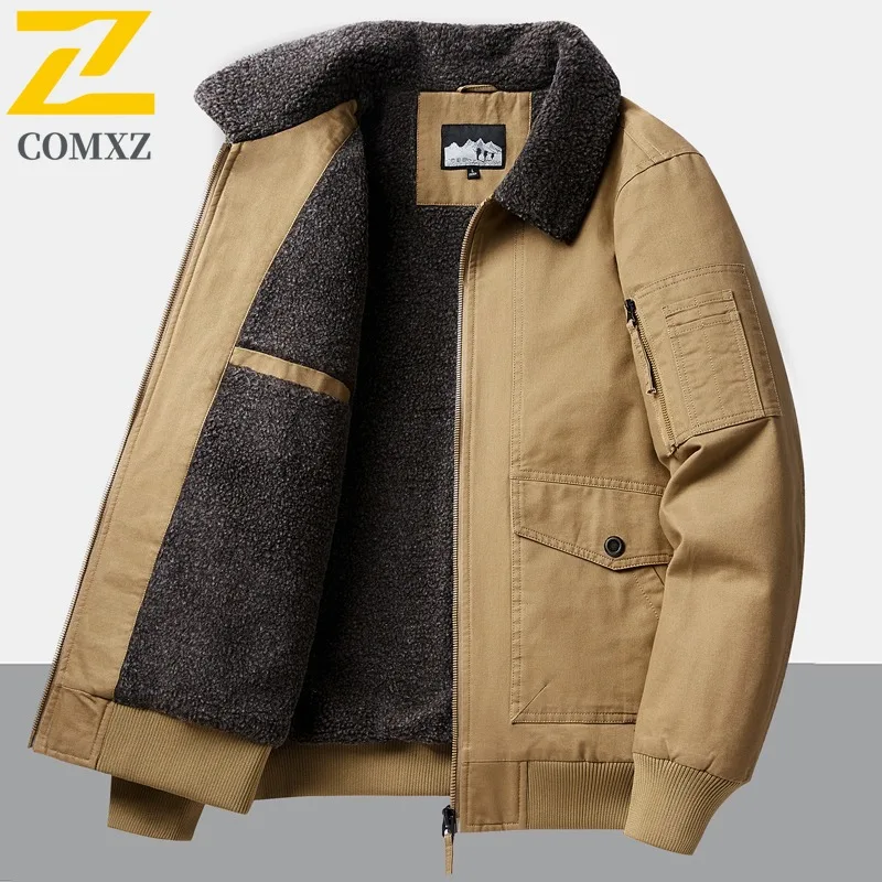 COMXZ 2025 الرجال صوف مبطن سميكة رفض طوق سترة الشتاء منتصف العمر عادية الحد الأدنى معطف القطن الدافئ