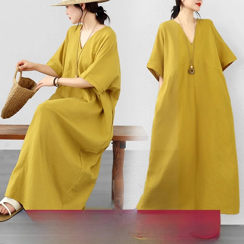 

Loose Fit Long Sleeveless V-Neck Double Gauze Cotton Yellow Women's Dress Artistic Style City Walk Straight Cut Summer Dress