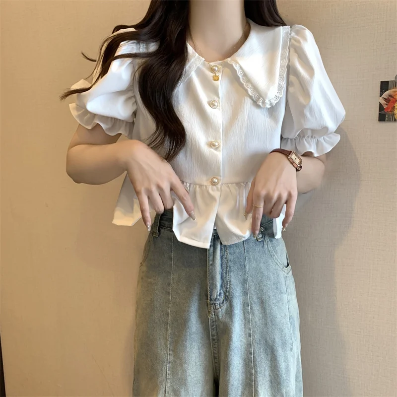 Shirts Dames Katoenmix Opstaande kraag Geplooid Lange mouw Zakelijk Formeel Chique knoopblouse voor studenten Preppy stijl Dagelijks