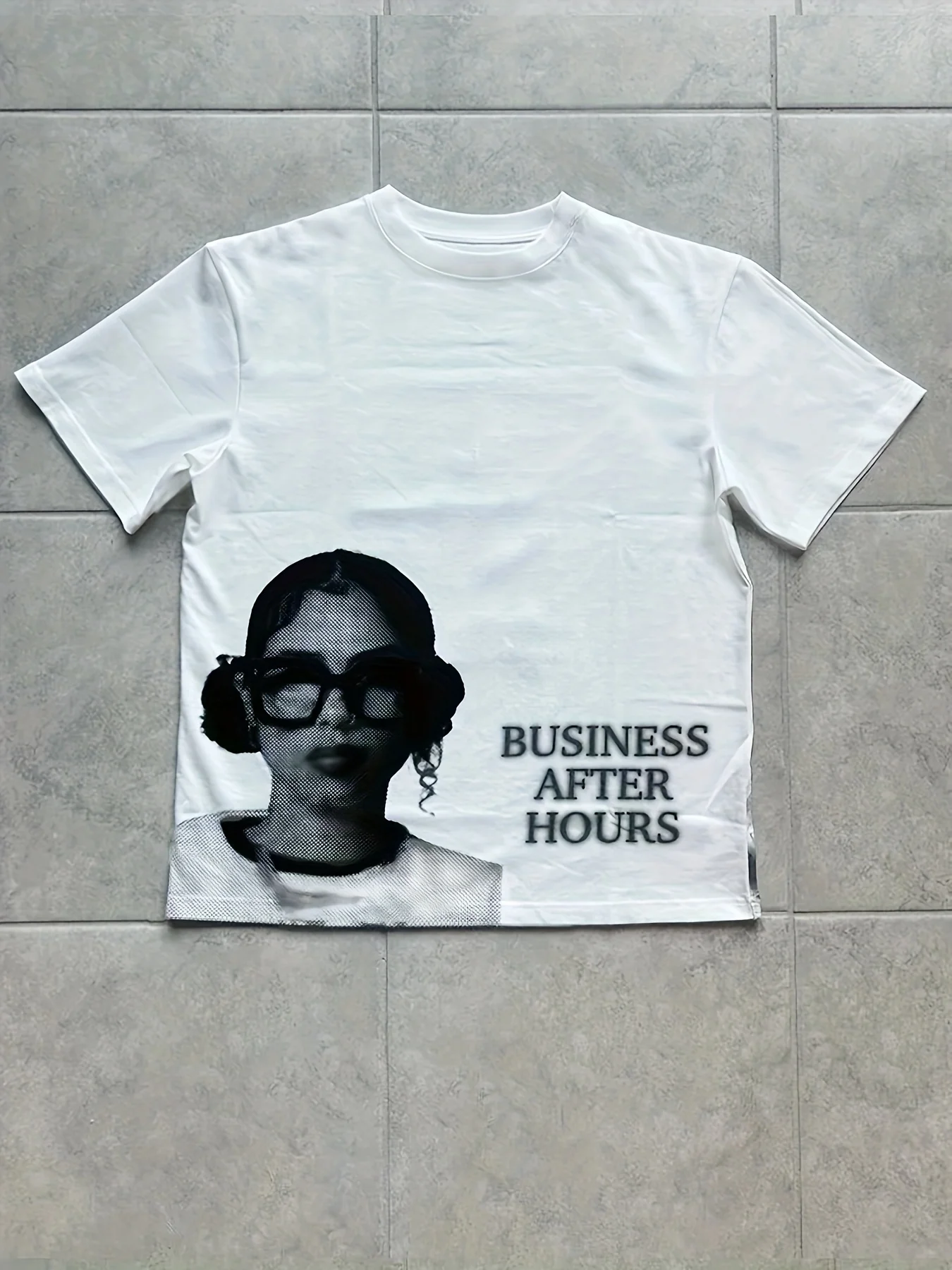 Ladies' Y2K Style Pattern T-shirt - Hand Drawn Portrait with The Words' Business After Hours