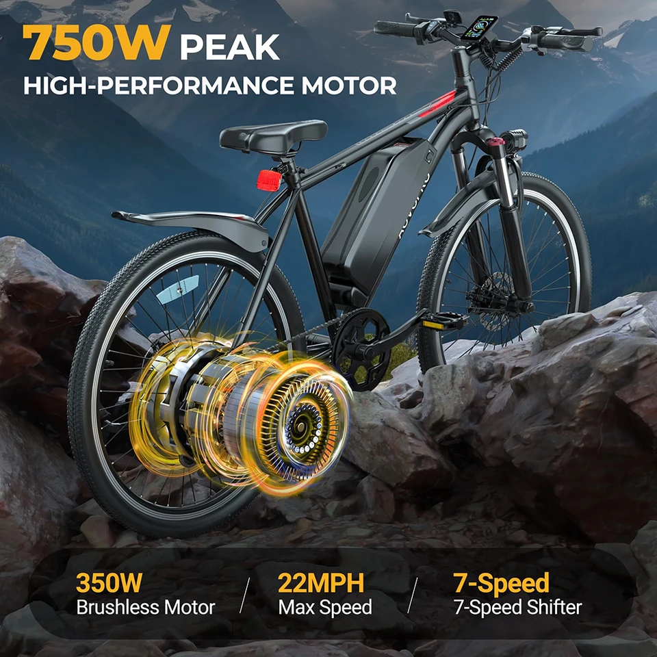 AOVOPRO BK520 26'' Electric Bicycle 750W Motor 48V 5.2AH Battery 22mph 7 Speed Mode 45miles Long Range Electric Bike for Adult image 4