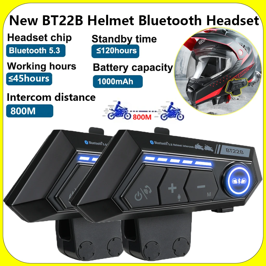 Helmet Bluetooth Headset 800M Intercom 20 Hours Battery Life Stereo 3D Surround Shocking Bass Support Third-Party Intercom