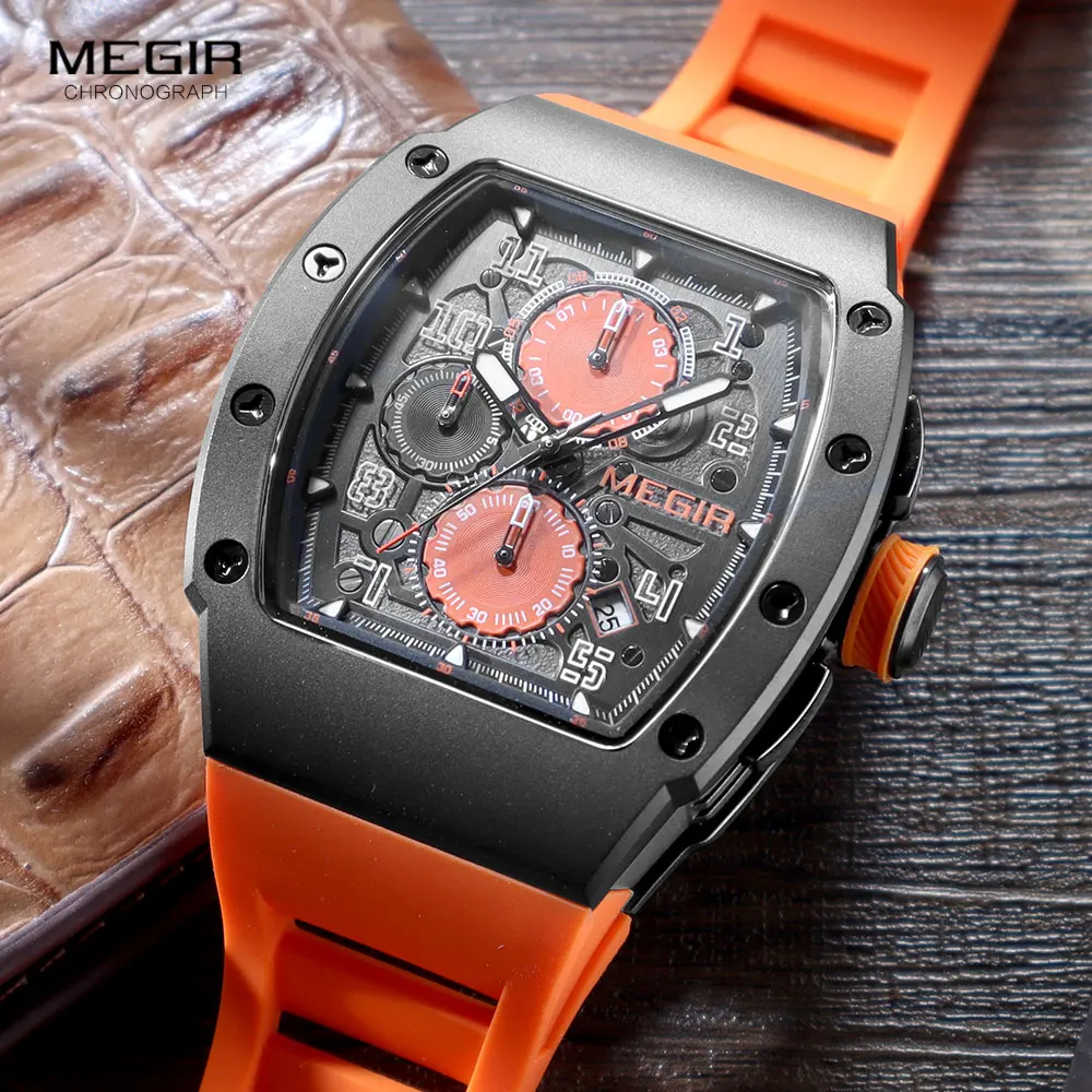 MEGIR Sport Quartz Watch Men Luxury Stainless Steel Waterproof Chronograph Wristwatch with Luminous Hands Date Silicone Strap