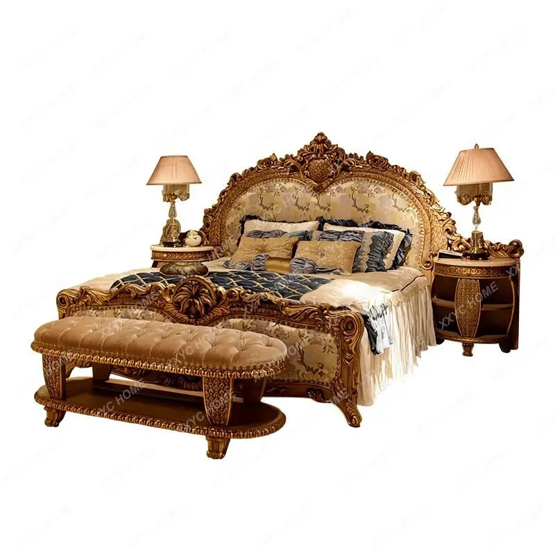 

European Bed Solid Wood Carved Vintage Distressed Fabric French Bed Classical Bed Court Luxury