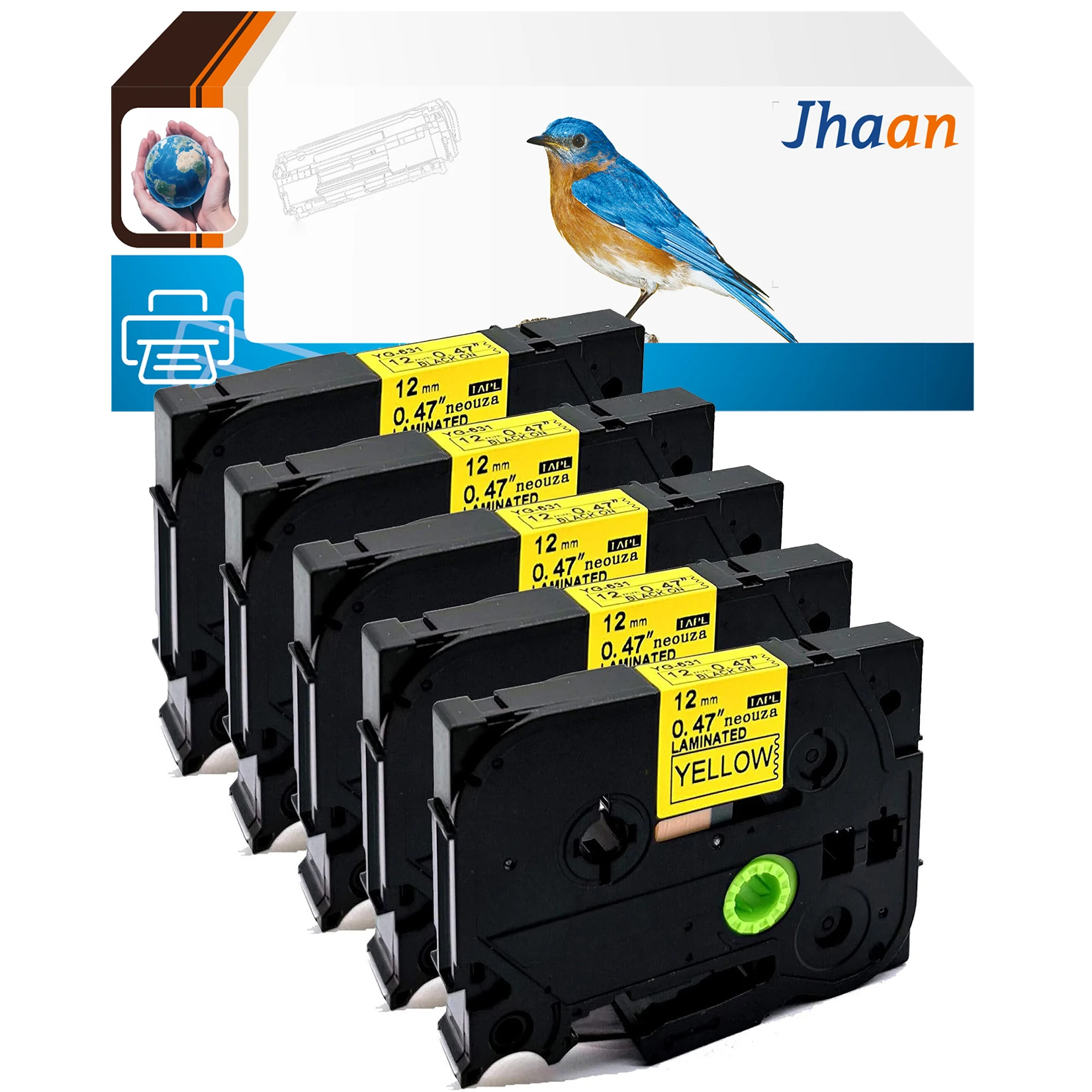 Jhaan 5 X TZe-631 (12mmx8m) Kompatible Etiketten Kompatibel mit Brother PT-1010, PT-200, PT-1300, PT-1600, PT-9500PC, PT-1090 – Detail 1