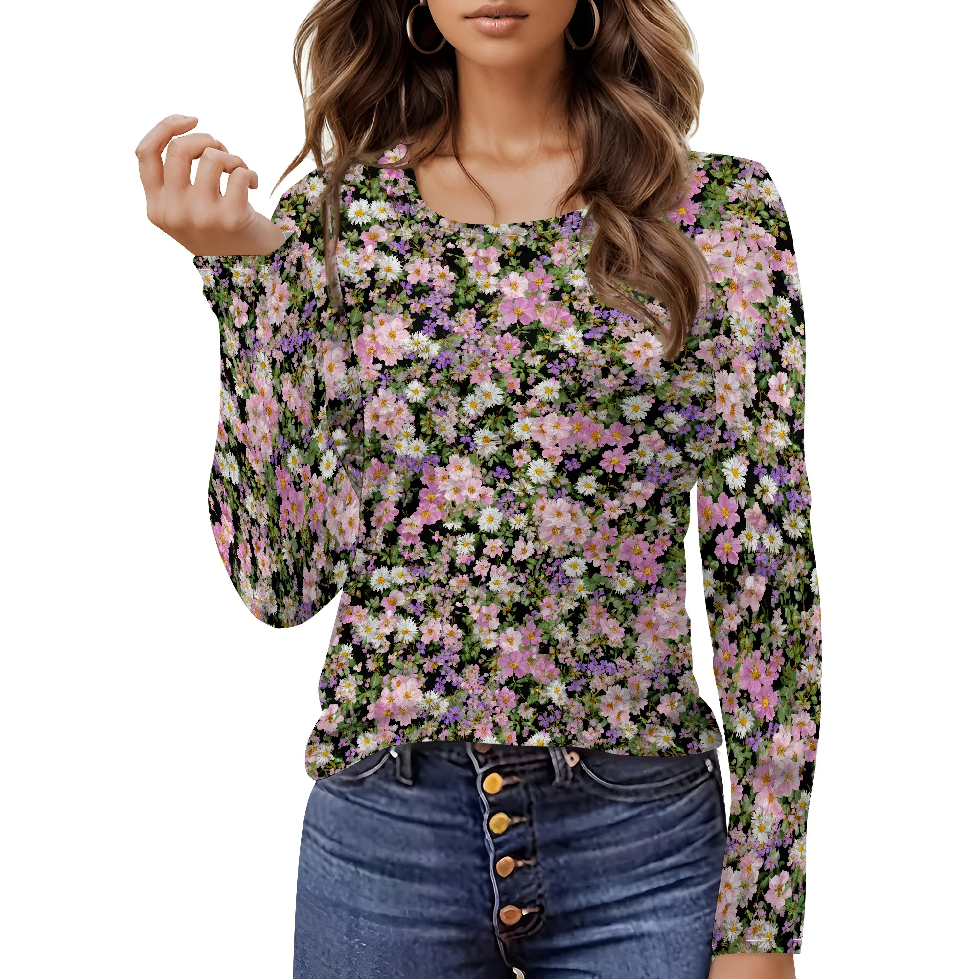 Chemises à manches longues pour femmes plissées mode col rond décontracté hauts chemisiers t-shirt de base vêtements à la mode 2025