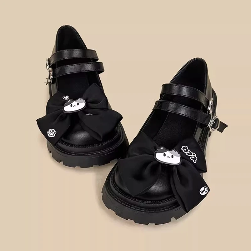 Dophee Japan Style Cute Bow Mary Jane Leather Shoes Lolita Round Toe JK Uniform Shoes Love Buckle Women Black Round Heel Shoes
