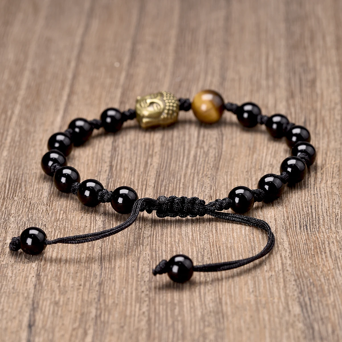 Tibetan Jewellery Natural Black Agate Tiger Eye Stone Beads Braided Bracelets Buddha Head Charm Bracelet for Women and Men 6MM