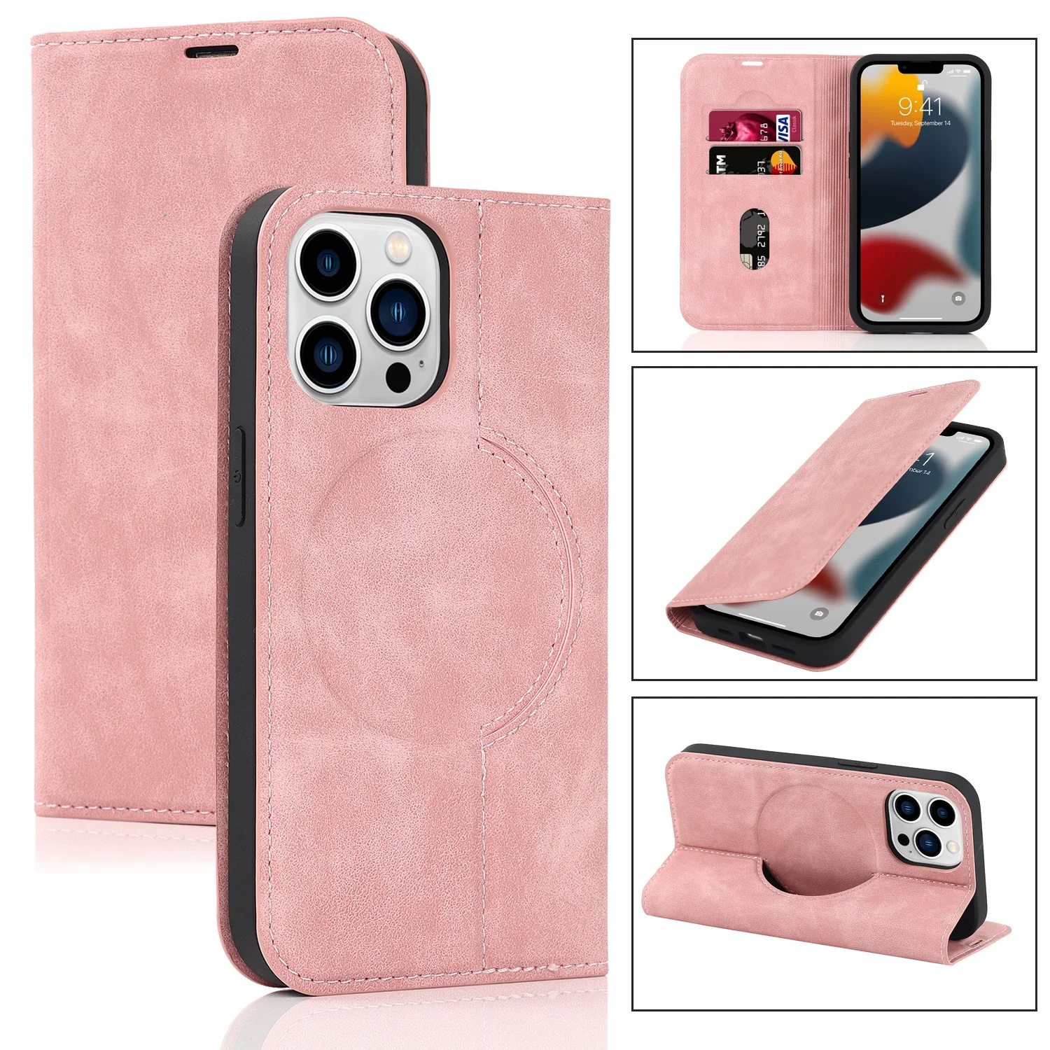 HQBBRO Magnetische Leder-Geldbörsen-Telefonabdeckung für iPhone 16 Pro Max 14 Plus 13 15 12 für Magsafe Wireless Charging Stand Card Solt Case 3