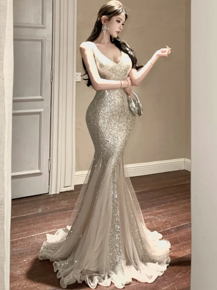 

Sexy Sequins Mermaid Dress Women Elegant Sleeveless Mesh Patchwork Evening Party Dresses Summer Slim Waist Vestidos Long Robe