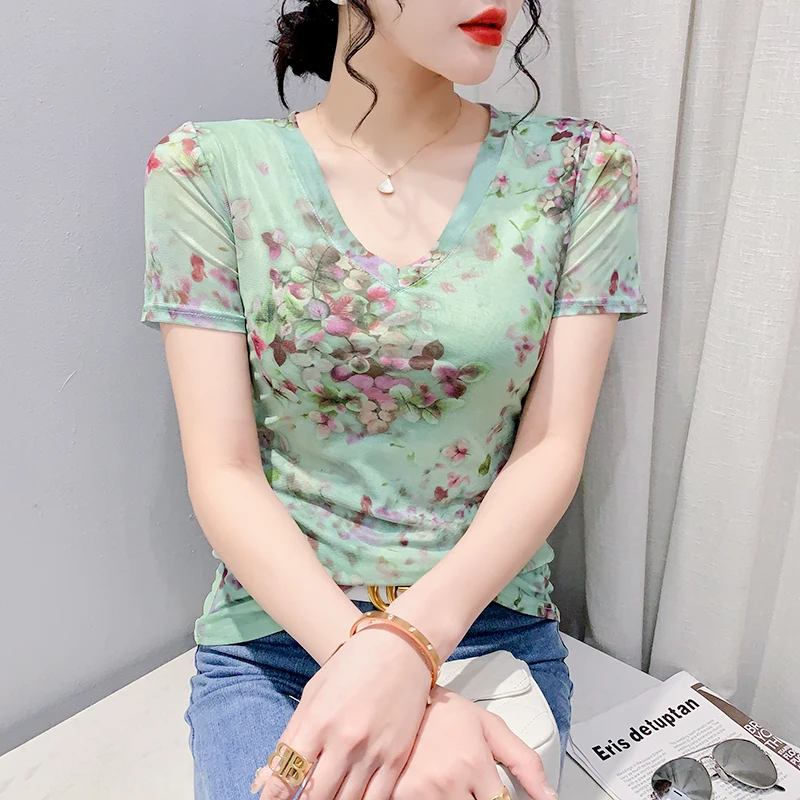 Printing Mesh Tees Women\'s Short Sleeve V Neck Tshirt Girls High Stretchy Floral T Shirts Tops for Female