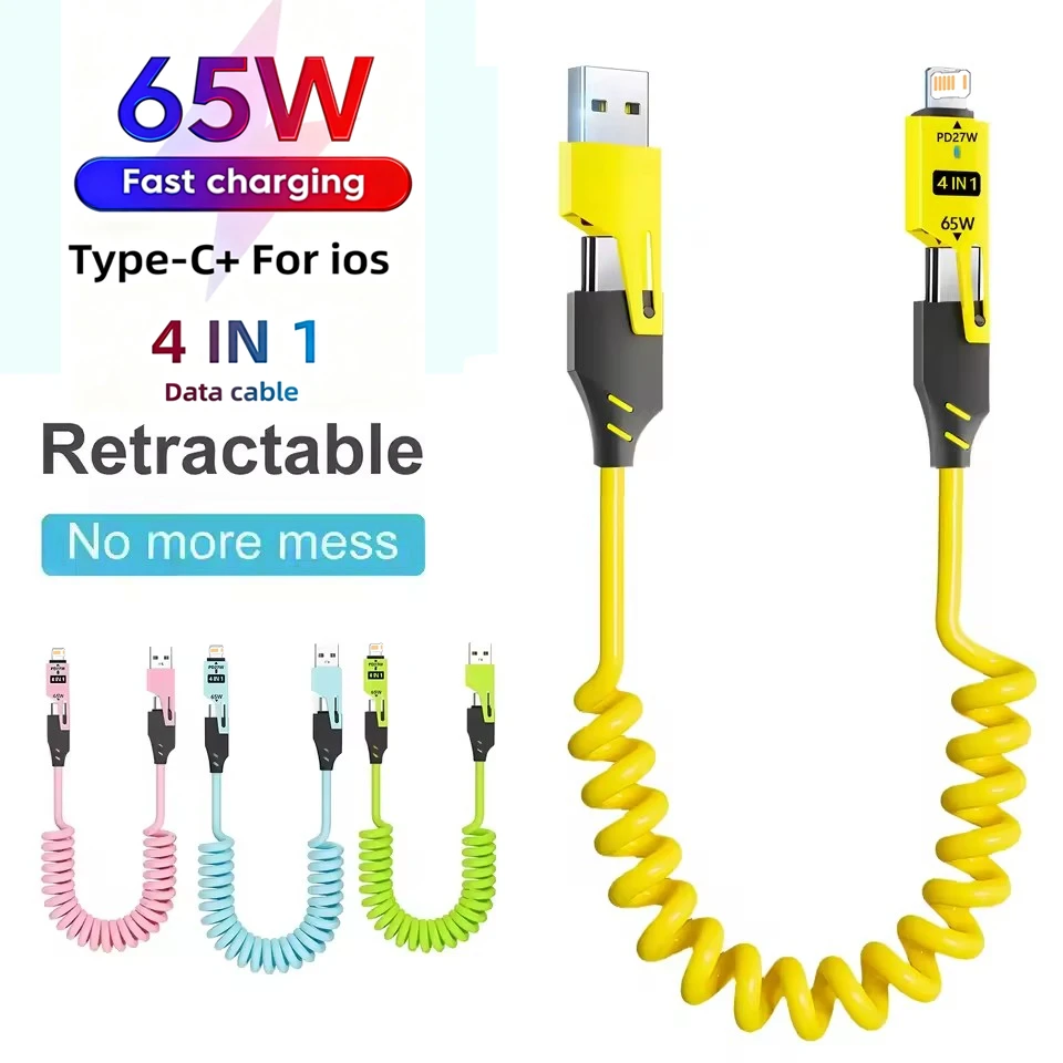 65W 4-in-1 Spring Short Data Cable 6A USB Type C Telescopic Quick Charger Wire For iPhone 17 16 15 14 13 12 11 Spring USB Cable