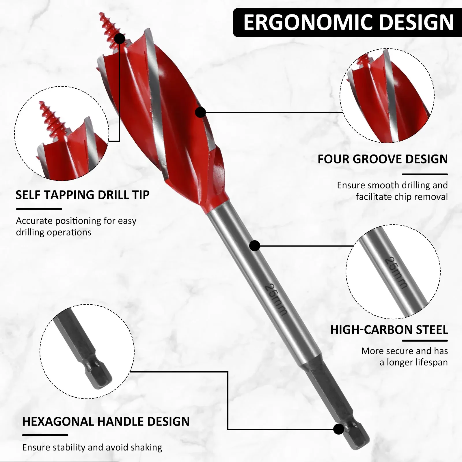 5/1Set High-Carbon Steel 4 Flute Cut Drilling Bit  Wood Auger Drill Bit Set 10-25mm Self-Tapping Hex Shank Wood Hole Drill Bit