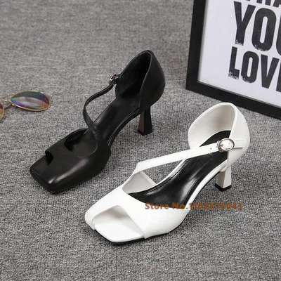 

Women's Sandals New Black White Square Toe Buckle Strap Shoes Peep Toe Thin Heels Female Sandals Cover Heel Ladies Pumps