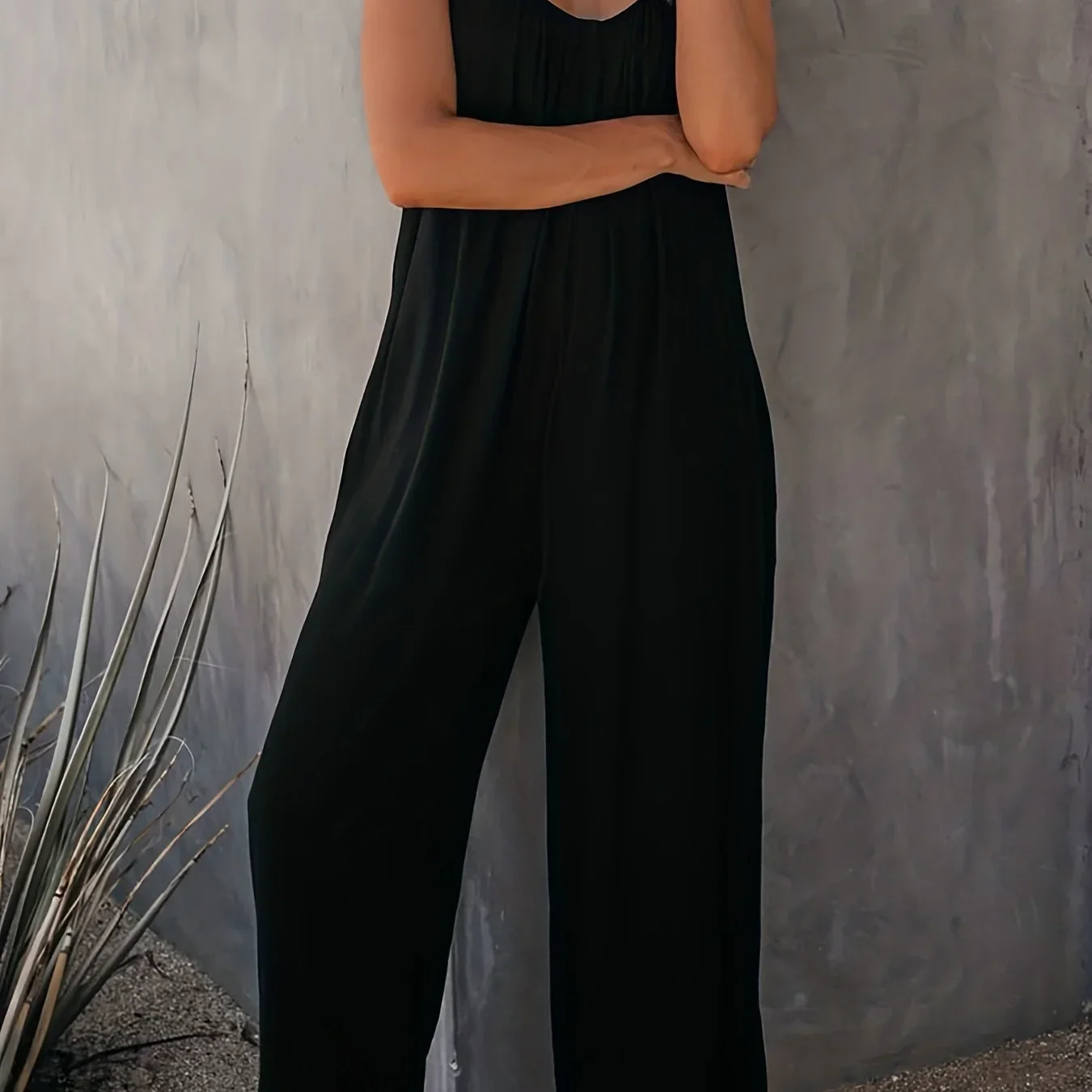 Boho Spaghetti Ruched Jumpsuit, Casual Sleeveless Long Length Wide Leg Jumpsuit, Women's Clothing