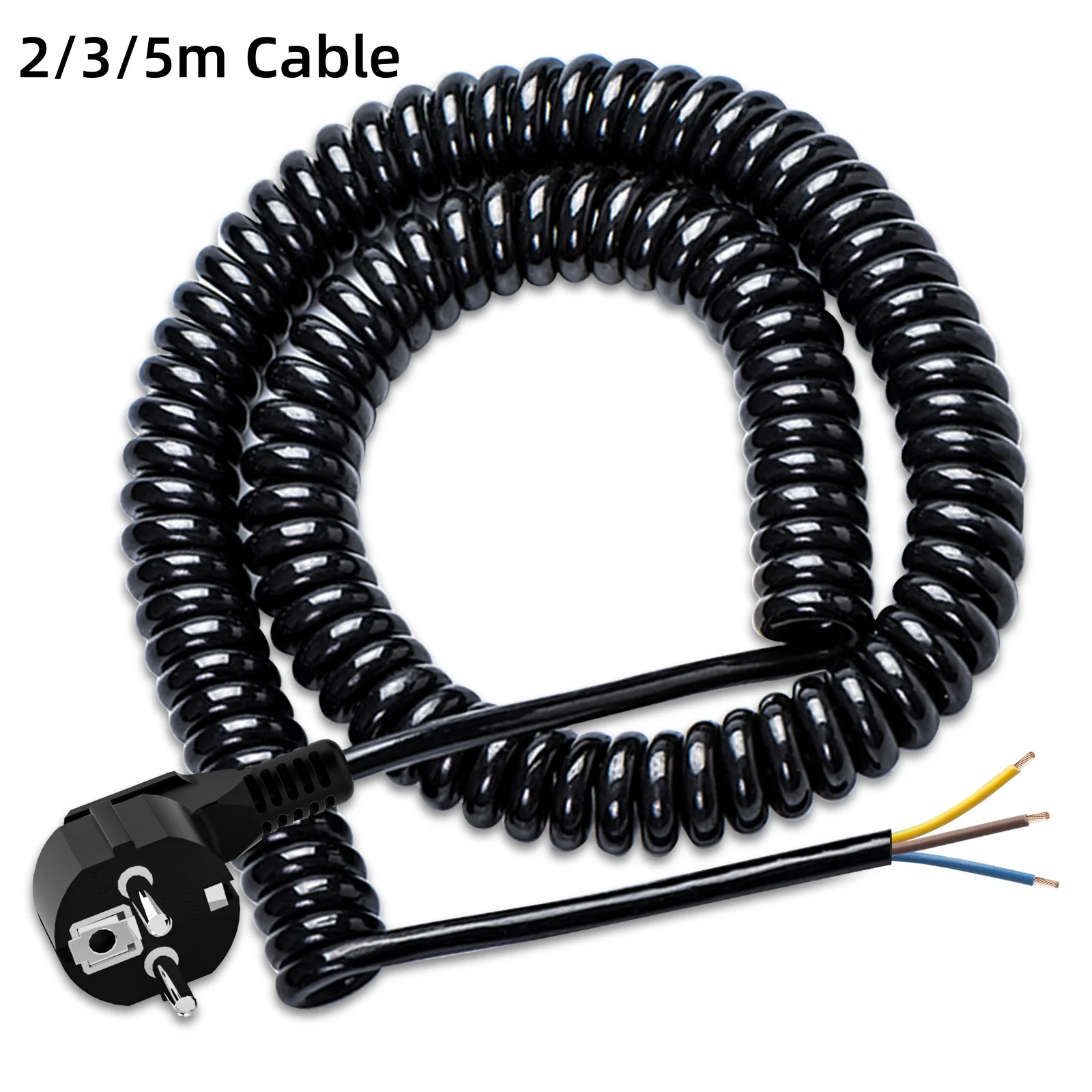 Protective Contact Spiral Power Extension Cord , Stretchable from 0.75 m to 2/3/5m, EU Male to Female Power Socket PVC black