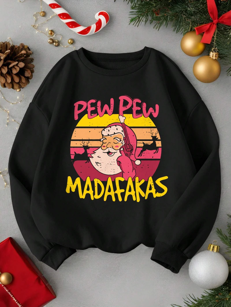 Christmas Sweatshirt Women Pew Madafakas Prints Casual Hoodie Fleece Crewneck Loose Pullovers Festival Red Clothes Woman Tops