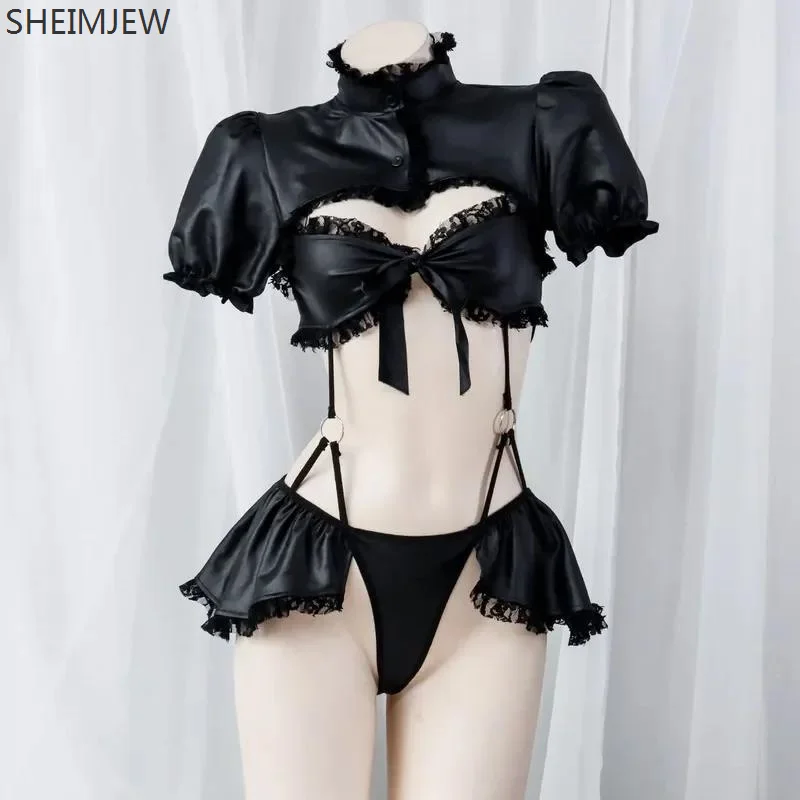 

Halloween High Fork Shiny Patent Leather Devil Cosplay Outfit Women Sexy Black Lingerie Nightclub Female Pu Leather Maid Set New