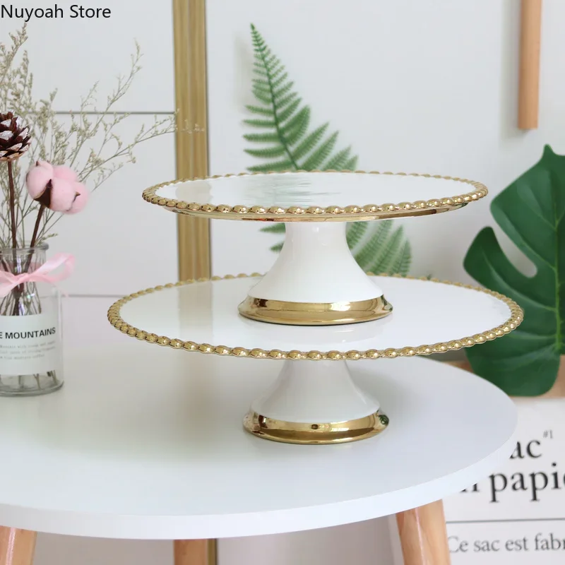 European-style Golden Bead Dot Ceramic Tall Cake Tray Dessert Set Fruit Plate Cake Stand Restaurant Decoration Display Plate