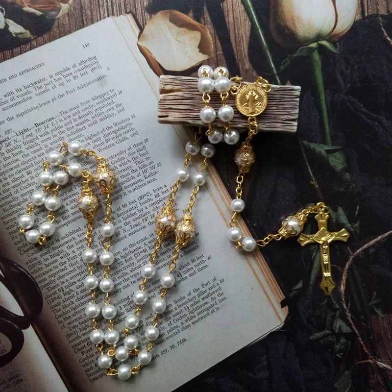 New Long Pearl Beads Cross Pendant Necklace Prayer Jewelry