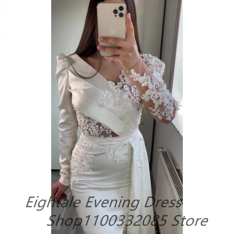 Customized White Mermaid Appliques Evening Dress Long Luxury 2024 Celebrity Arabic Floor Length Long Sleeve Prom Party Gown