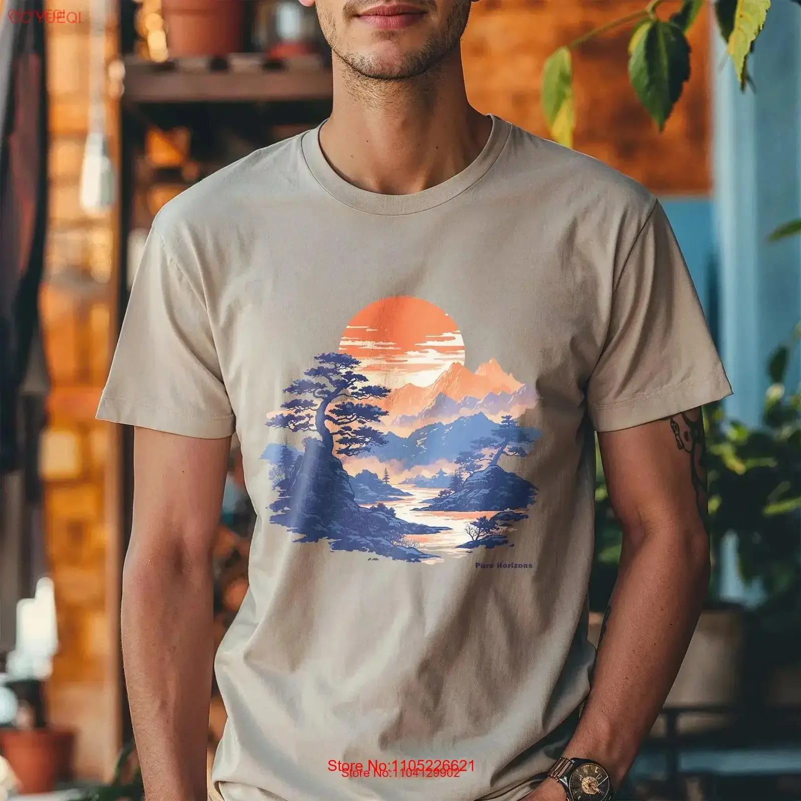 Sunset Serenity Horizon T Shirt Oriental Landscape Pure Horizons Zen Top Japanese Tree Silhouette vintage Washed homme graphic