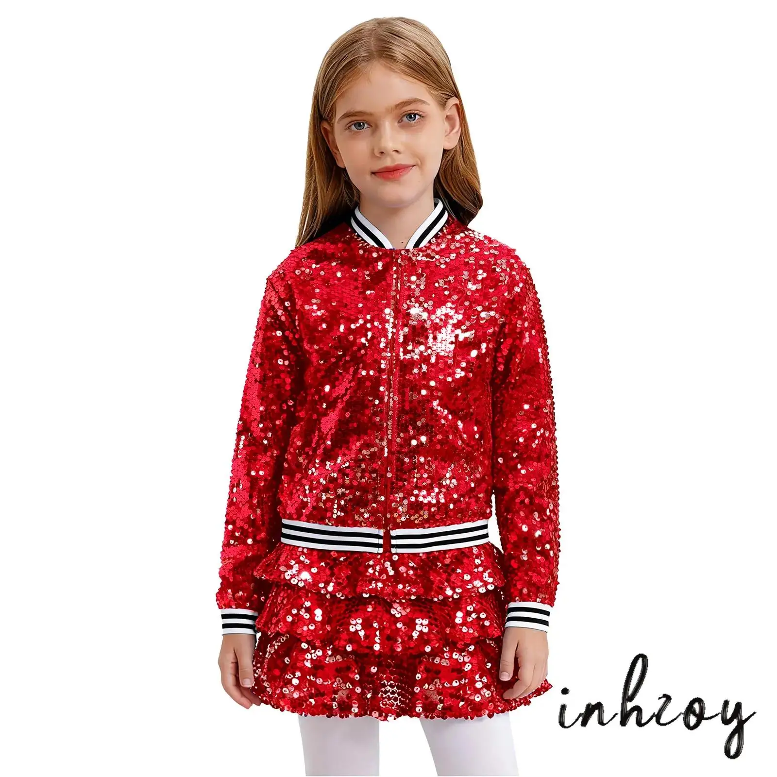 

Kids Girls Sequin Disco Jazz Dance Costume Striped Trim Baseball Jackets Outerwear And Ruffle Skirted Shorts for Street dance