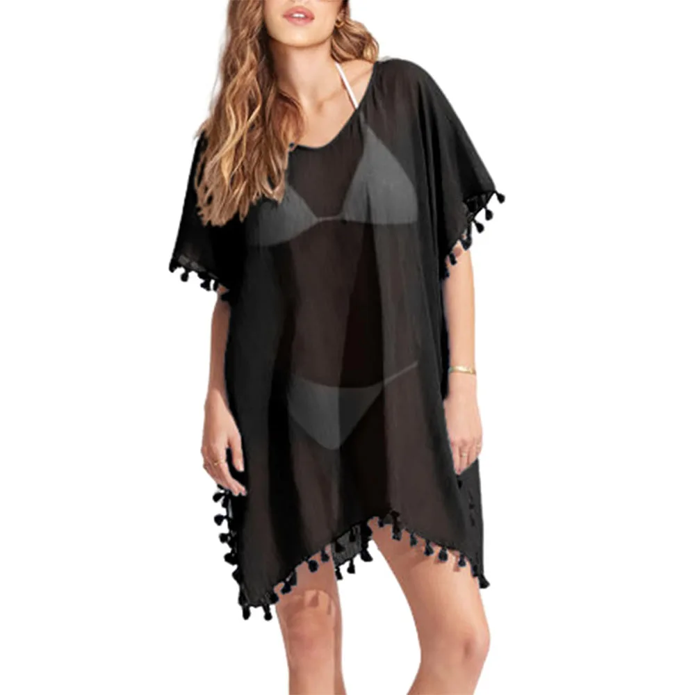 2024 Zomer Vrouwen Chiffon Kwastje Badpak Strand Cover Up Losse V-Hals Zomer Bikini Jurk Voor Badmode