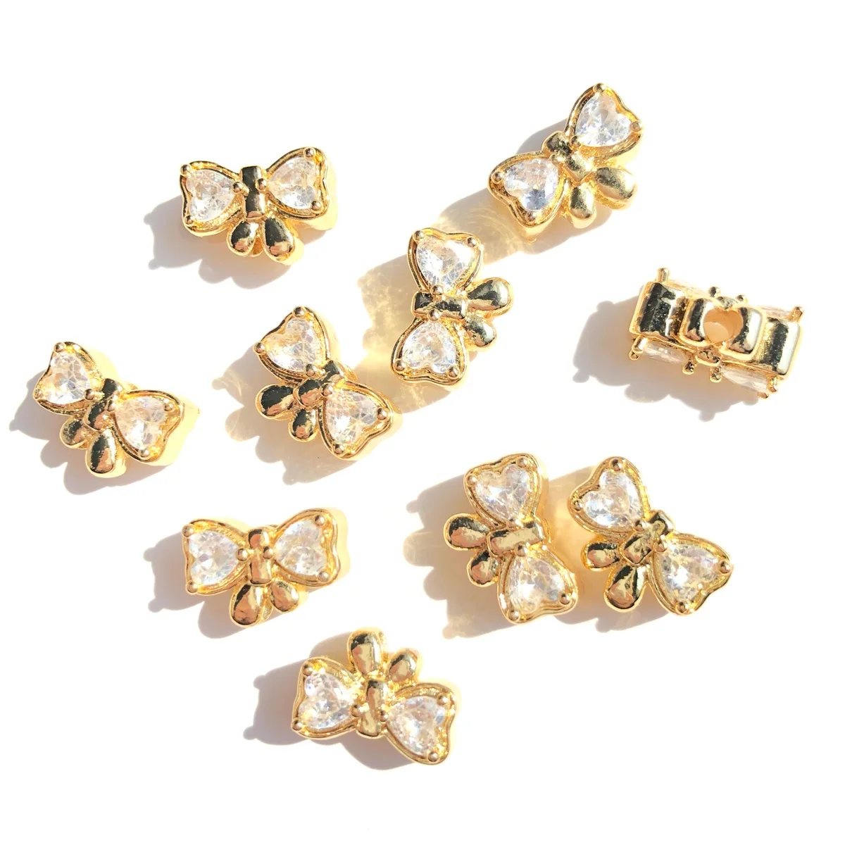 10pcs Heart Zirconia Pave Bow Tie Spacers Gold-Plated Beads for Women Bracelet Necklace Earring Waist Jewelry Findings Wholesale