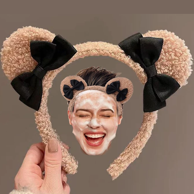 Fluffy Cute Bear Ears Bow Headband for Girls Spa Face cleaning Hairband Hair Hoops Plush Hairbands for Women Hair Accessories