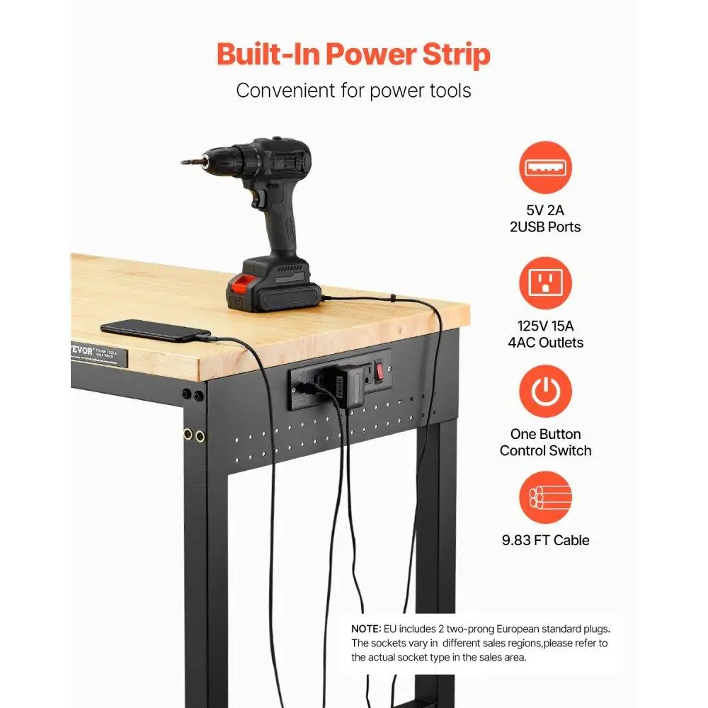 Adjustable Height Rolling Workbench with Power Outlet and Pegboard Storage 60 Inch Portable Workshop Table